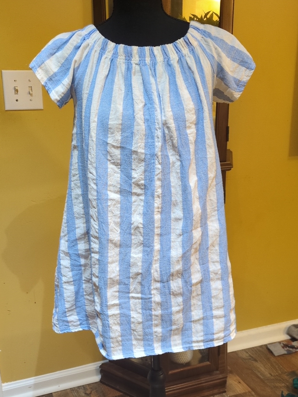 Blue and White Striped Off-Shoulder Tunic
